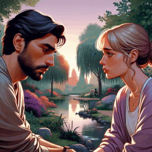 A compassionate breakup scene where two people are talking face-to-face, showing empathy and understanding in their expressions, with a serene background indicating a calming environment.
