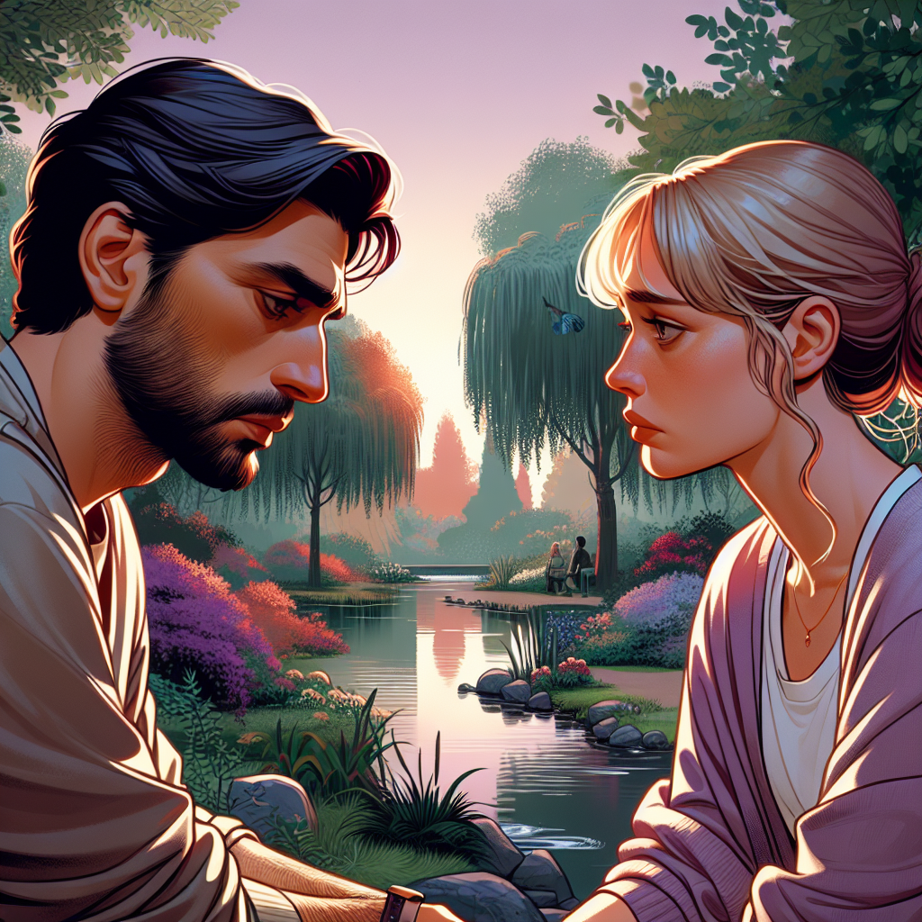 A compassionate breakup scene where two people are talking face-to-face, showing empathy and understanding in their expressions, with a serene background indicating a calming environment.