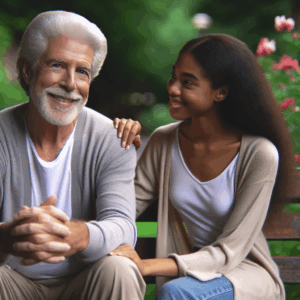 A diverse couple with significant age difference, looking content and happy. They are sitting closely on a park bench, surrounded by blooming flowers, with a soft-focus natural backdrop. The older partner, with gray hair, is laughing while the younger one listens attentively.
