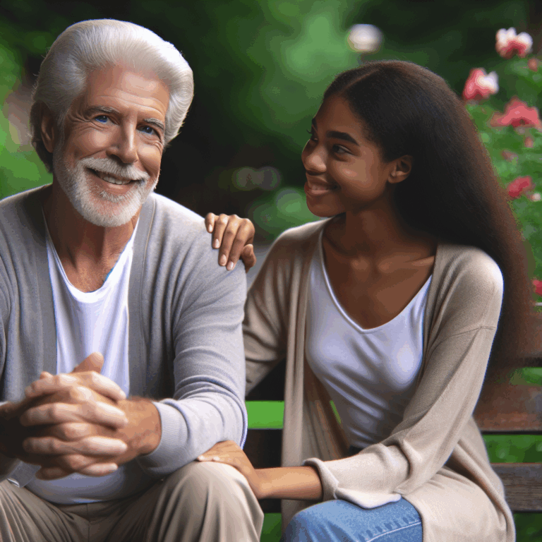A diverse couple with significant age difference, looking content and happy. They are sitting closely on a park bench, surrounded by blooming flowers, with a soft-focus natural backdrop. The older partner, with gray hair, is laughing while the younger one listens attentively.