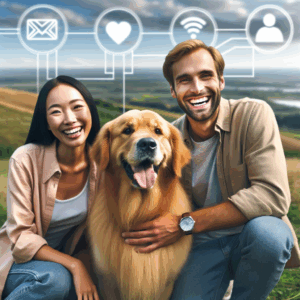 A friendly, loyal Golden Retriever dog sitting lovingly beside a cheerful couple, portraying an idyllic relationship with elements of playful energy and warmth, against a subtle background highlighting social media icons to represent the trend's popularity.