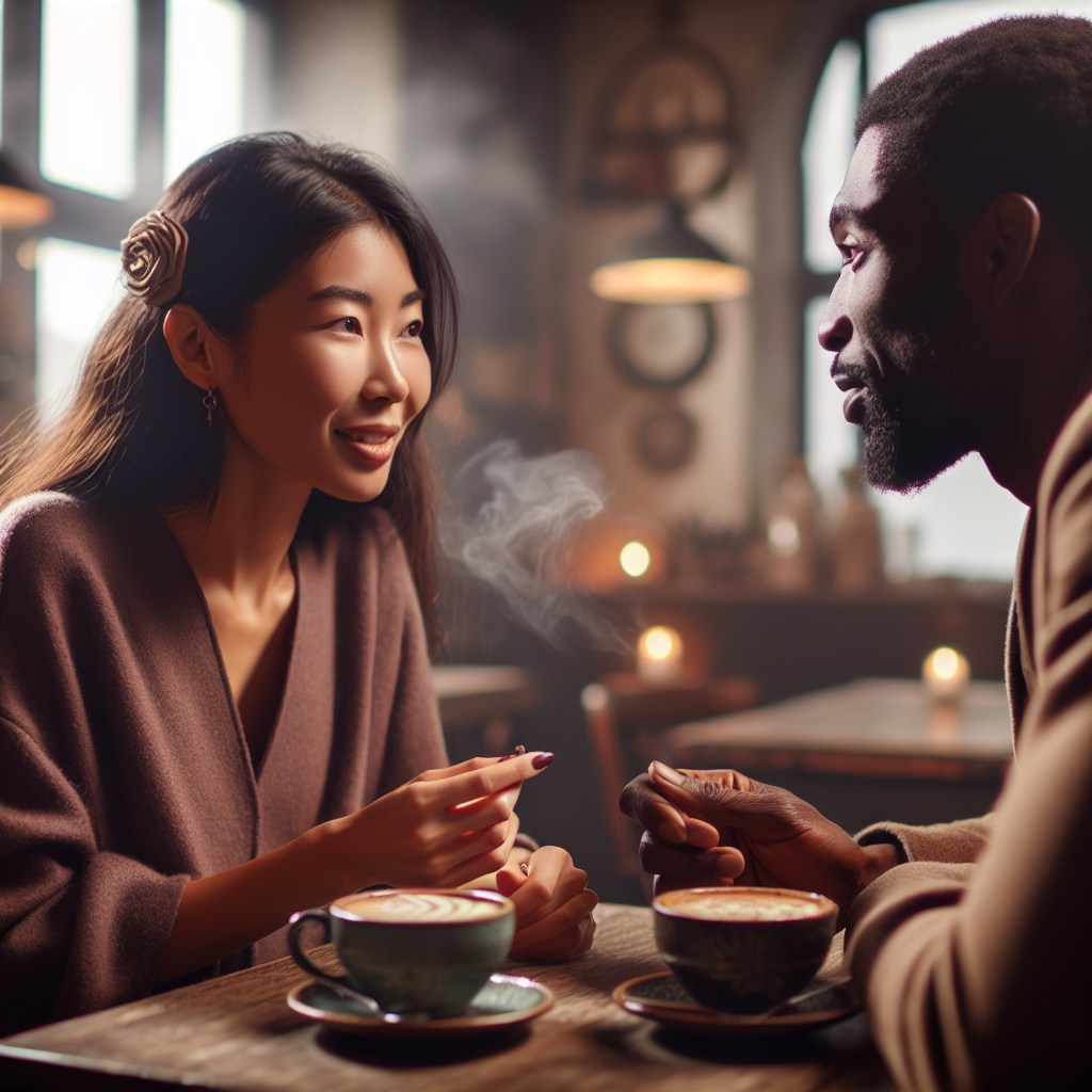 A romantic first date setting in a cozy café, focusing on two people engaging in conversation, emphasizing the expressiveness and emotion in their facial expressions and gestures, with a warm and inviting ambiance.