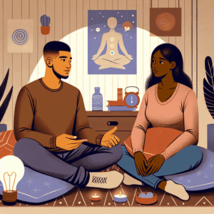 A detailed illustration showing a couple in a cozy, intimate setting with elements like pillows and soft lighting, portraying the theme of common sexual accidents and their prevention, with gentle supportive vibes.