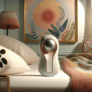A sleek and modern clitoral suction vibrator, showcasing its smooth, ergonomic design with soft pastel colors, set against a serene, minimalist bedroom background. The ambiance should convey a sense of luxury and intimate well-being, with soft lighting that highlights the product's elegant curves and innovative features.