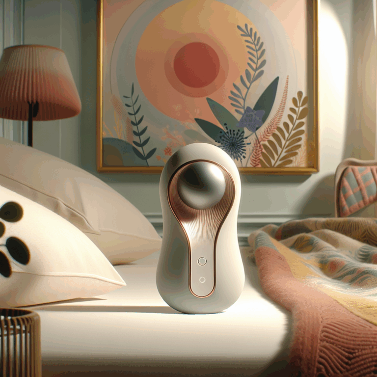 A sleek and modern clitoral suction vibrator, showcasing its smooth, ergonomic design with soft pastel colors, set against a serene, minimalist bedroom background. The ambiance should convey a sense of luxury and intimate well-being, with soft lighting that highlights the product's elegant curves and innovative features.