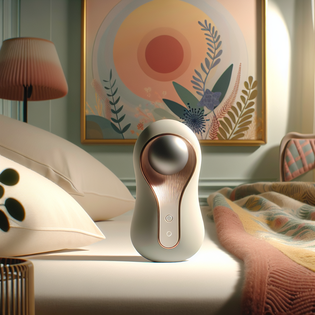 A sleek and modern clitoral suction vibrator, showcasing its smooth, ergonomic design with soft pastel colors, set against a serene, minimalist bedroom background. The ambiance should convey a sense of luxury and intimate well-being, with soft lighting that highlights the product's elegant curves and innovative features.
