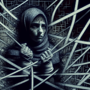 An intense and thought-provoking image illustrating psychological manipulation, featuring a metaphorical representation of a person trapped by strings or chains symbolizing a web of deceit and control. The background should emphasize an abstract, dark, and intricate mental maze, highlighting the theme of mental domination and manipulation.