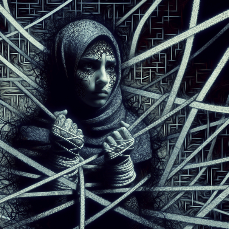 An intense and thought-provoking image illustrating psychological manipulation, featuring a metaphorical representation of a person trapped by strings or chains symbolizing a web of deceit and control. The background should emphasize an abstract, dark, and intricate mental maze, highlighting the theme of mental domination and manipulation.