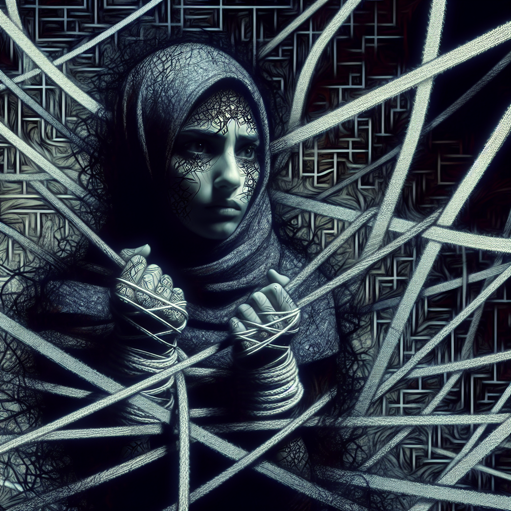 An intense and thought-provoking image illustrating psychological manipulation, featuring a metaphorical representation of a person trapped by strings or chains symbolizing a web of deceit and control. The background should emphasize an abstract, dark, and intricate mental maze, highlighting the theme of mental domination and manipulation.