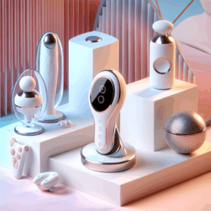 Un ensemble de sextoys modernes et élégants, présentant des designs innovants et futuristes. Le cadre est minimaliste, avec des couleurs pastel douces et une ambiance lumineuse qui met en avant l'élégance et la technologie de ces objets.