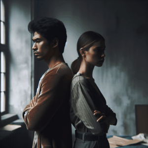 A couple standing back to back, looking distant and thoughtful, in a dimly lit room with muted colors suggesting emotional distance and reflection.