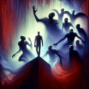 An abstract representation of a person standing strong against shadowy whispering figures, symbolizing the struggle against manipulative psychological tactics.