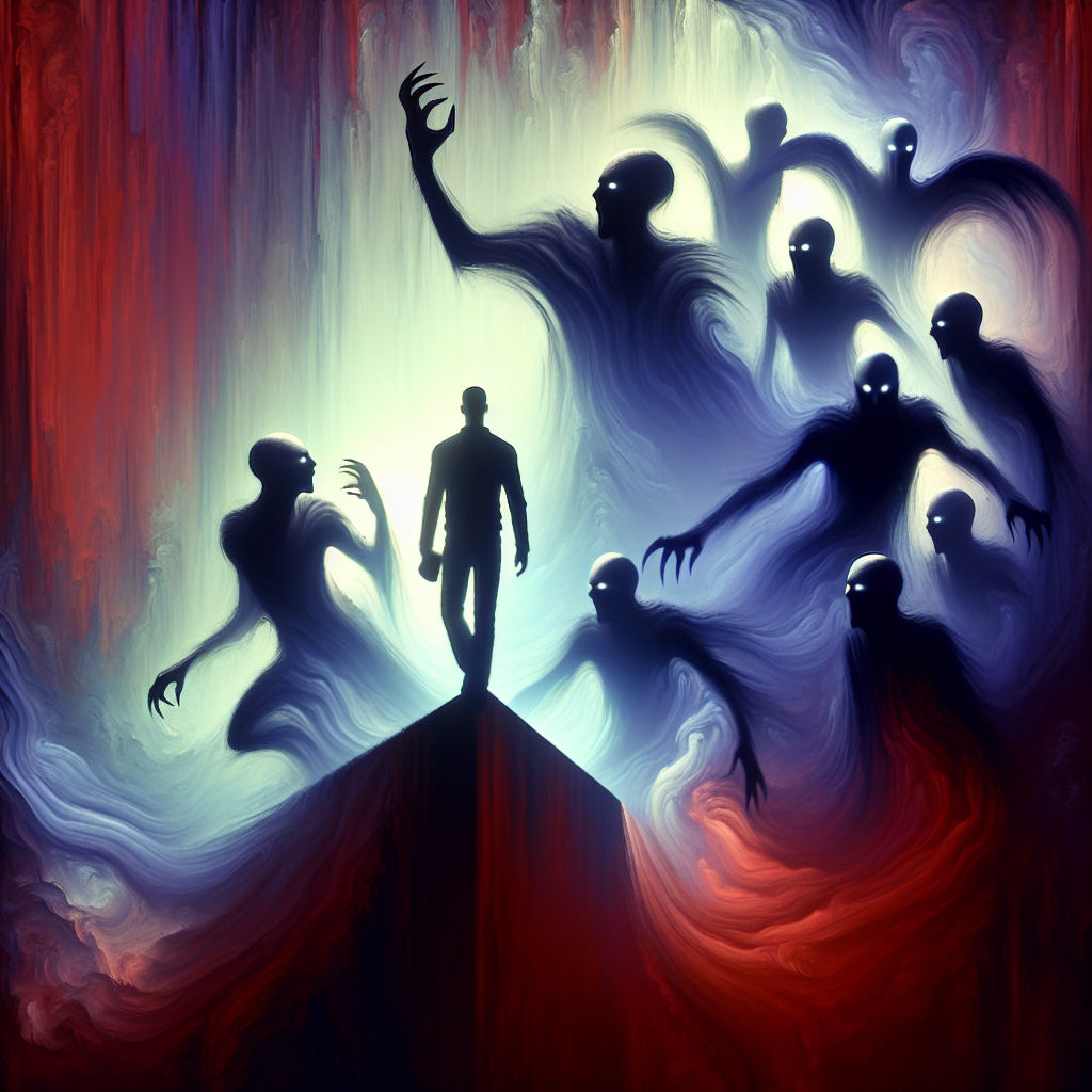 An abstract representation of a person standing strong against shadowy whispering figures, symbolizing the struggle against manipulative psychological tactics.