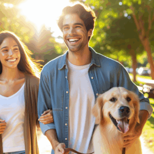 A joyful and friendly young couple walking in a sunny park, with the boyfriend radiating warmth and happiness, embodying the essence of a 'golden retriever' personality.