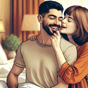 A playful, romantic scene depicting two partners in a loving embrace, with one playfully nibbling the other's shoulder, set in a warm bedroom environment. Include subtle, cheerful colors and soft lighting to convey warmth and affection.