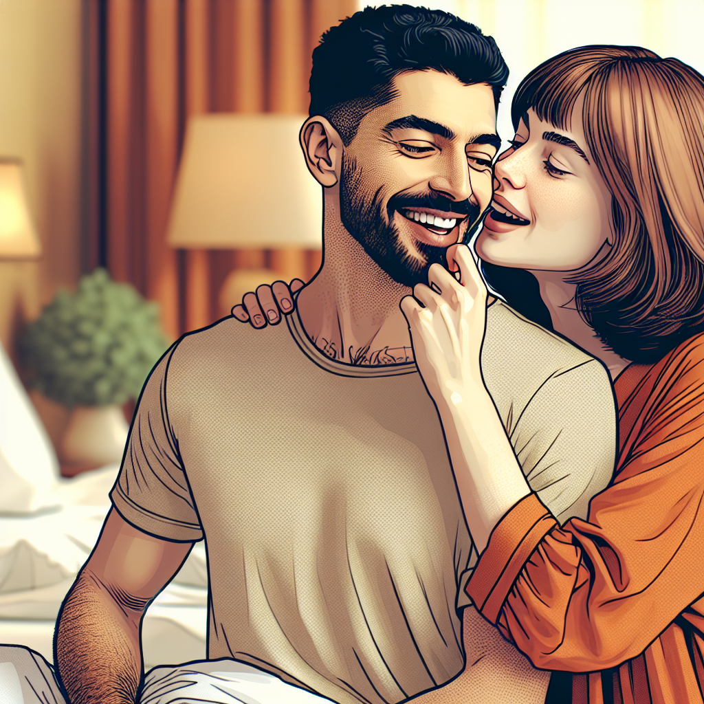 A playful, romantic scene depicting two partners in a loving embrace, with one playfully nibbling the other's shoulder, set in a warm bedroom environment. Include subtle, cheerful colors and soft lighting to convey warmth and affection.