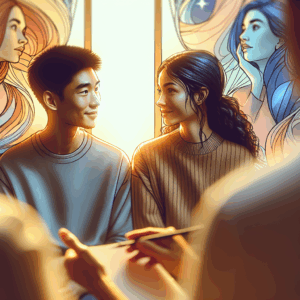 A delicate image depicting two people having a heartfelt conversation in a calm, peaceful setting, conveying empathy and understanding; soft focus with warm colors to express a gentle dialogue.
