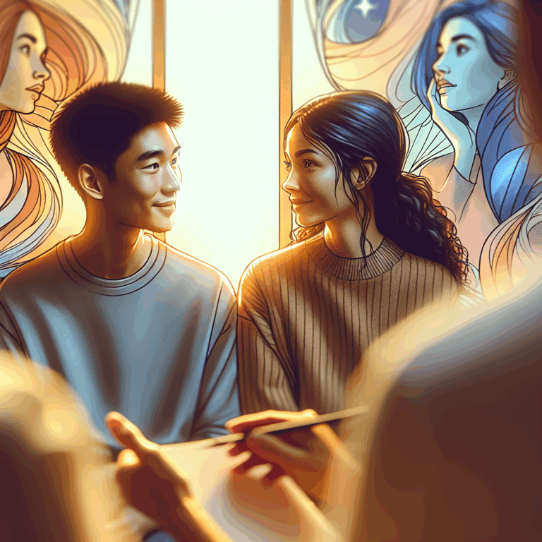 A delicate image depicting two people having a heartfelt conversation in a calm, peaceful setting, conveying empathy and understanding; soft focus with warm colors to express a gentle dialogue.