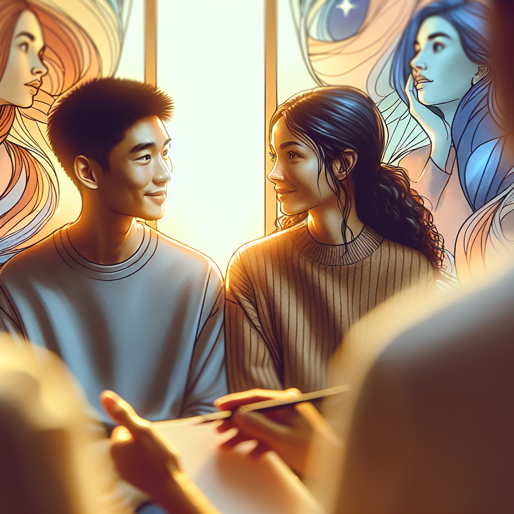 A delicate image depicting two people having a heartfelt conversation in a calm, peaceful setting, conveying empathy and understanding; soft focus with warm colors to express a gentle dialogue.