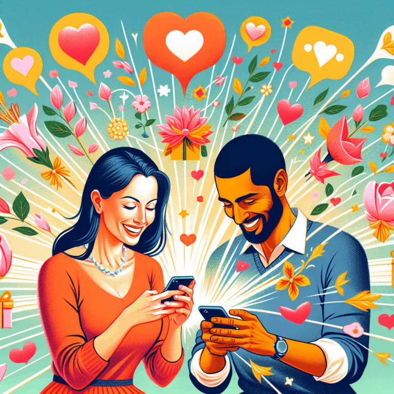 An illustration showing a couple happily texting and thinking of each other, with icons like SMS, flowers, and gifts floating around, symbolizing constant attention and affection.