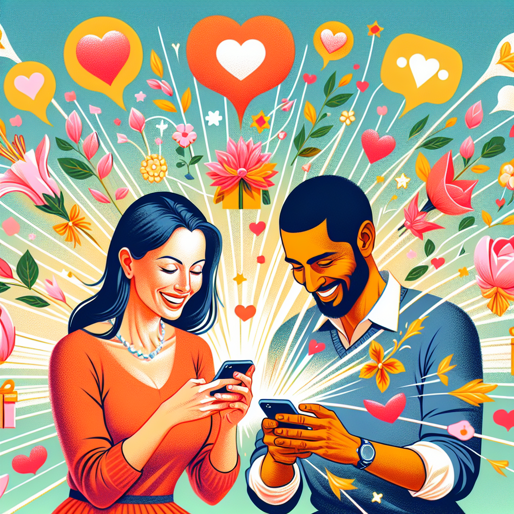An illustration showing a couple happily texting and thinking of each other, with icons like SMS, flowers, and gifts floating around, symbolizing constant attention and affection.