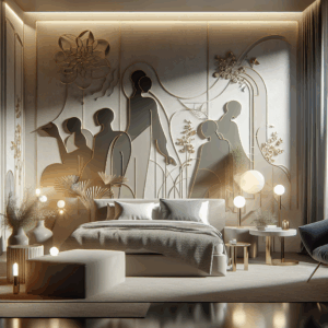An artistic representation of a modern and elegant bedroom with ambient lighting, featuring silhouettes of a couple in various intimate Kamasutra positions, emphasizing warmth, connection, and creativity.