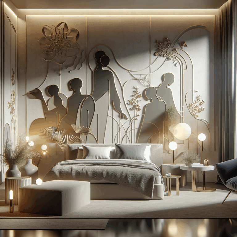 An artistic representation of a modern and elegant bedroom with ambient lighting, featuring silhouettes of a couple in various intimate Kamasutra positions, emphasizing warmth, connection, and creativity.