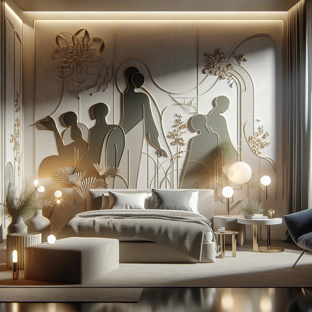 An artistic representation of a modern and elegant bedroom with ambient lighting, featuring silhouettes of a couple in various intimate Kamasutra positions, emphasizing warmth, connection, and creativity.