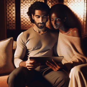 A couple sitting together on a sofa, using a tablet or smartphone, with warm lighting and cozy atmosphere, reflecting communication and connection in a modern relationship.