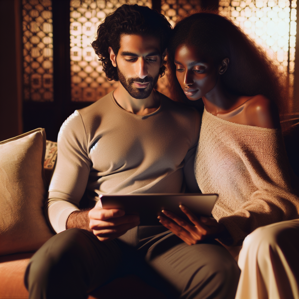 A couple sitting together on a sofa, using a tablet or smartphone, with warm lighting and cozy atmosphere, reflecting communication and connection in a modern relationship.