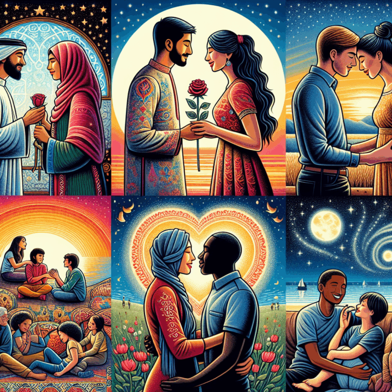 An artistic illustration depicting diverse couples from different nationalities in a romantic and intimate setting, symbolizing global love and connection.
