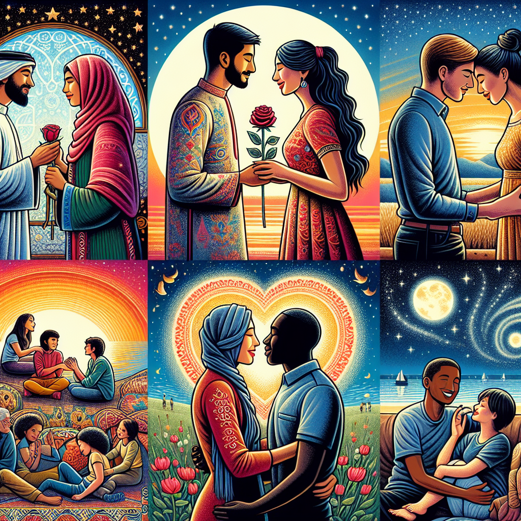 An artistic illustration depicting diverse couples from different nationalities in a romantic and intimate setting, symbolizing global love and connection.