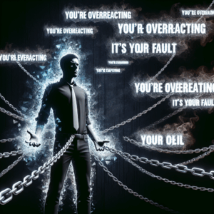 An illustration of a confident person breaking free from chains symbolizing manipulation, surrounded by floating phrases like 'You're overreacting', 'It's your fault', all in a dark, shadowy background to convey psychological entrapment.