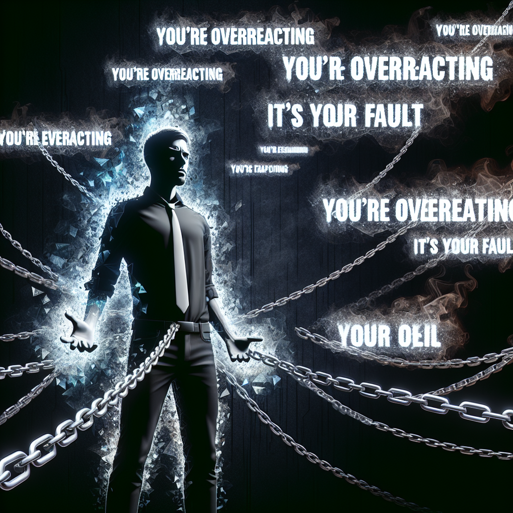 An illustration of a confident person breaking free from chains symbolizing manipulation, surrounded by floating phrases like 'You're overreacting', 'It's your fault', all in a dark, shadowy background to convey psychological entrapment.