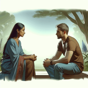 A thoughtful, respectful breakup conversation between a couple in a serene, calm setting, illustrating emotional maturity and understanding.