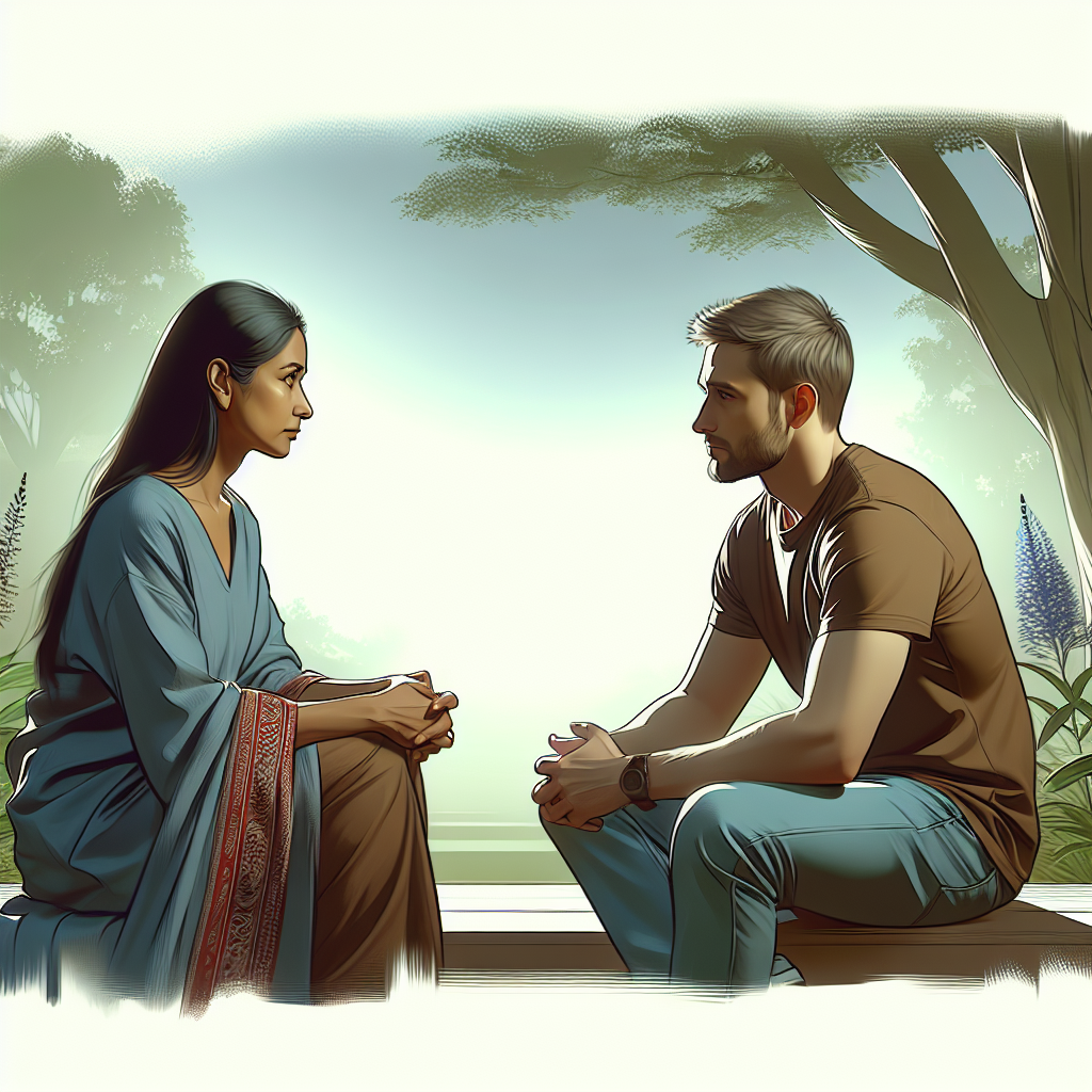 A thoughtful, respectful breakup conversation between a couple in a serene, calm setting, illustrating emotional maturity and understanding.