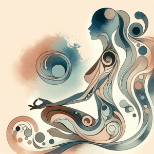 Illustration artistique d'une silhouette féminine en position méditative, entourée de formes abstraites symbolisant découvertes et plaisir, en douceur et subtilité, avec des tons pastel et des éléments évoquant la sexualité féminine.