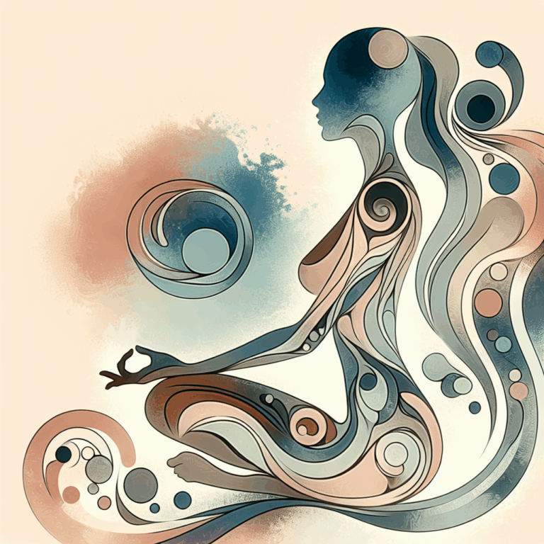 Illustration artistique d'une silhouette féminine en position méditative, entourée de formes abstraites symbolisant découvertes et plaisir, en douceur et subtilité, avec des tons pastel et des éléments évoquant la sexualité féminine.
