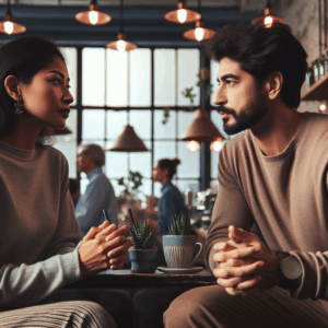 An illustration of two people sitting across from each other at a café, having a serious yet compassionate conversation, with expressions of empathy and understanding, suitable for the theme of breaking up gently.