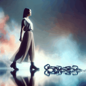 A woman confidently standing with a reflective background, showing broken chains as a metaphor for breaking free from psychological manipulation, with soft, empowering colors.