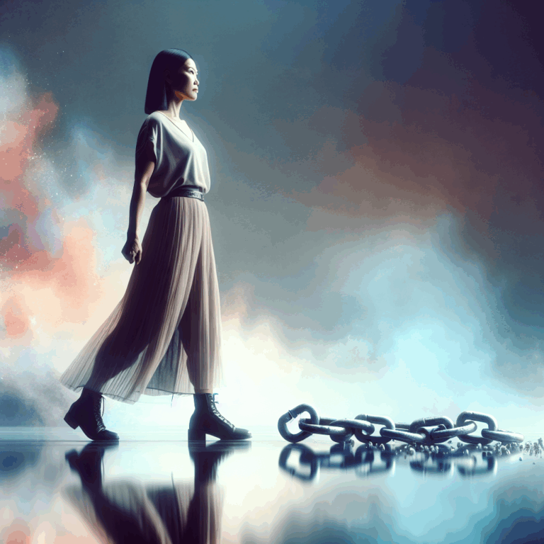 A woman confidently standing with a reflective background, showing broken chains as a metaphor for breaking free from psychological manipulation, with soft, empowering colors.