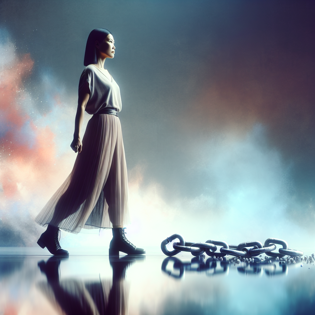 A woman confidently standing with a reflective background, showing broken chains as a metaphor for breaking free from psychological manipulation, with soft, empowering colors.