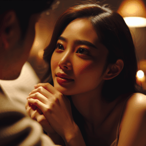 An intimate moment where a woman looks passionately at her partner; her pupils wide and engaged, radiating affection in a cozy, romantic setting.