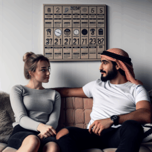 A diverse couple sitting on a couch, engaged in a deep conversation, with a calendar showing years 3, 7, 11, and 15 highlighted.