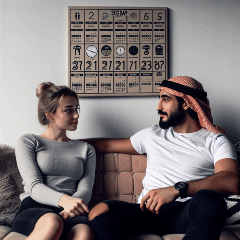 A diverse couple sitting on a couch, engaged in a deep conversation, with a calendar showing years 3, 7, 11, and 15 highlighted.
