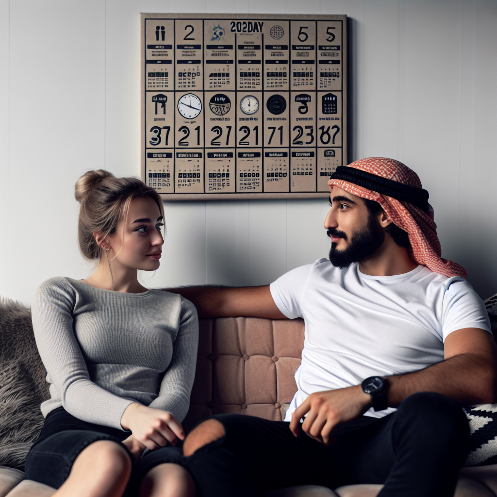 A diverse couple sitting on a couch, engaged in a deep conversation, with a calendar showing years 3, 7, 11, and 15 highlighted.