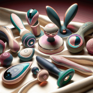 Image d'un assortiment de sextoys innovants et élégants, incluant des designs futuristes avec des matériaux écologiques et des couleurs vibrantes, posés sur une surface en satin pour un effet luxueux et moderne.