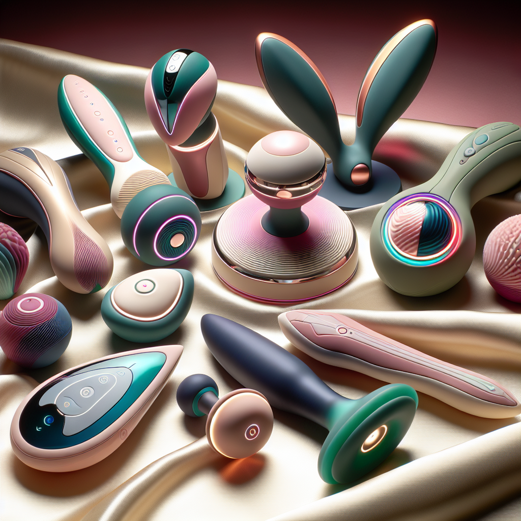 Image d'un assortiment de sextoys innovants et élégants, incluant des designs futuristes avec des matériaux écologiques et des couleurs vibrantes, posés sur une surface en satin pour un effet luxueux et moderne.