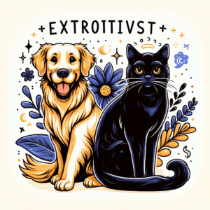 An illustration showing a playful golden retriever dog and a mysterious black cat side by side, embodying the traits of extroversion and introversion in human relationships. Include lighthearted and expressive elements to capture the diversity of personalities in modern dating.
