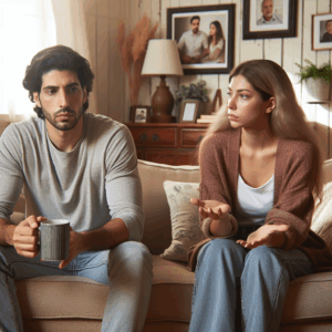A diverse couple sitting on a couch, both appearing thoughtful and slightly tense, surrounded by family photos and home decor, in a warm and cozy living room setting. One partner is holding a coffee mug, the other is gesturing as they engage in conversation, to illustrate overcoming relationship challenges.